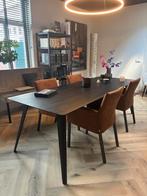 4 NIEUWE eetkamerstoelen in microleder Bull Camel met vierka, Metaal, Bruin, Design, Nieuw