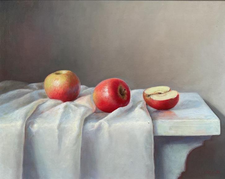 E. P. Moleveld (1946) -Stilleven met appels op doek en tafel, Antiek en Kunst, Kunst | Schilderijen | Klassiek, Ophalen of Verzenden