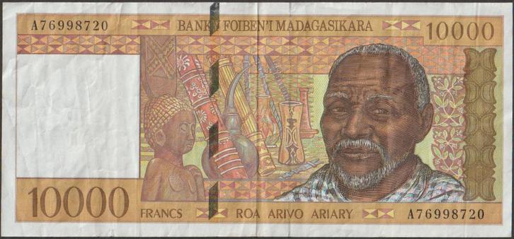 Madagascar 10.000 francs ND(1995) gebruikt p.79b (nr 18), Postzegels en Munten, Bankbiljetten | Afrika, Los biljet, Overige landen