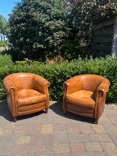 Clubfauteuils schapenleer, Huis en Inrichting, Fauteuils, Leer, Ophalen of Verzenden