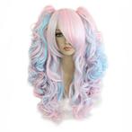 Lolita pruik roze blauw lang haar met krullen en 2 staarten, Nieuw, Pruik of Haarverlenging, Verzenden