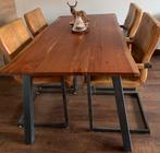 Nette Boomstamtafel (Hout) met 4 Eetkamerstoelen (Leer), Huis en Inrichting, Ophalen, Gebruikt, Industrieel, 4 tot 6 stoelen