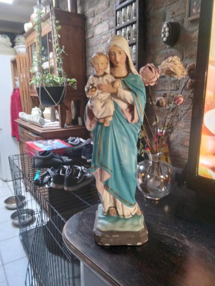 prachtige antieke maria met kindje merkje op voetje, Antiek en Kunst, Antiek | Religie, Ophalen of Verzenden