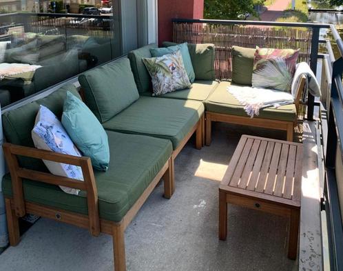 Le Sud 5-delige houten loungeset incl. dikke groene kussens, Tuin en Terras, Tuinsets en Loungesets, Zo goed als nieuw, Ophalen