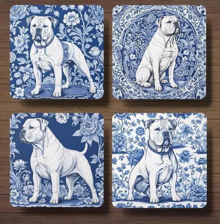 Amerikaanse Bulldog Delfts Blauw onderzetters met houder, Huis en Inrichting, Woonaccessoires | Onderzetters, Nieuw, Glas of Kopje