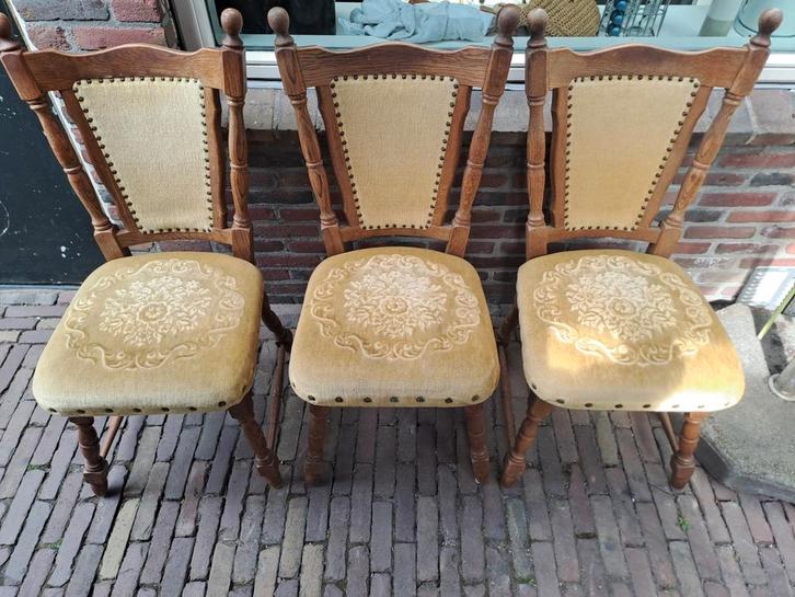Vintage Eetkamerstoelen Set van 3 - Eikenhout, Huis en Inrichting, Stoelen, Gebruikt, Drie, Hout, Stof, Bruin, Ophalen
