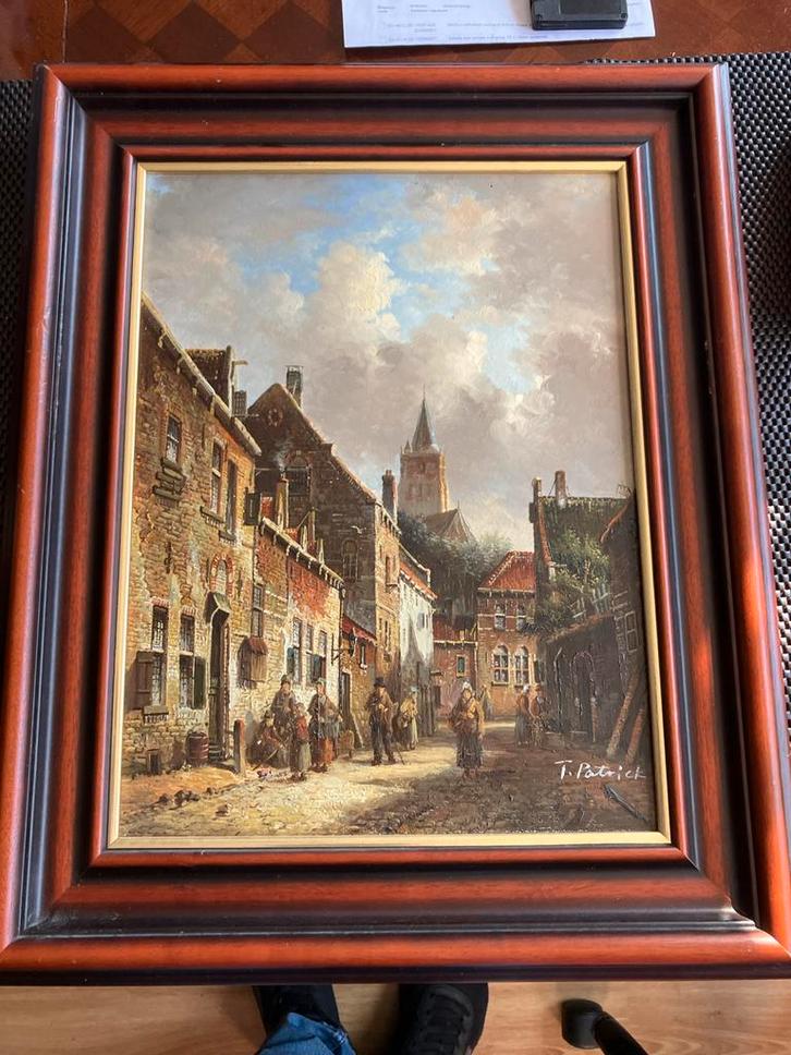 Schilderij: Dorpsgezicht door T. Patrick, Antiek en Kunst, Kunst | Schilderijen | Klassiek, Ophalen of Verzenden