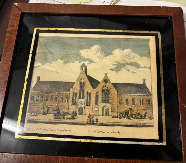 Antieke prent St. Catharine Gasthuys, Antiek en Kunst, Kunst | Etsen en Gravures, Ophalen