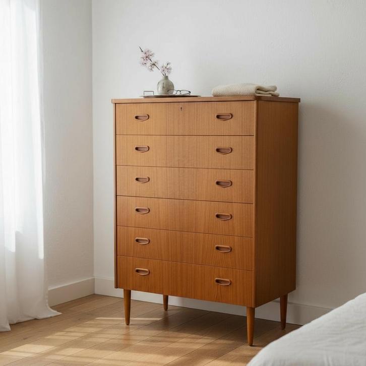 Vintage 6-ladekast uit Zweden, Huis en Inrichting, Kasten | Ladekasten, Zo goed als nieuw, 100 tot 150 cm, 50 tot 100 cm, 25 tot 50 cm