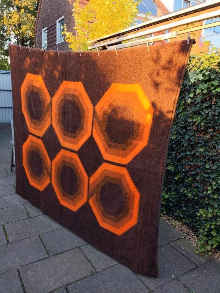 Vintage oranje bruine Dralon deken Vroom & Dreesmann, Huis en Inrichting, Woonaccessoires | Plaids en Woondekens, Gebruikt, Ophalen of Verzenden