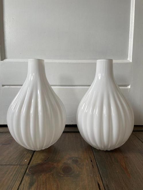 Set van 2 witte glazen vazen – keramische look (32cm hoog), Huis en Inrichting, Woonaccessoires | Vazen, Gebruikt, Wit, Minder dan 50 cm