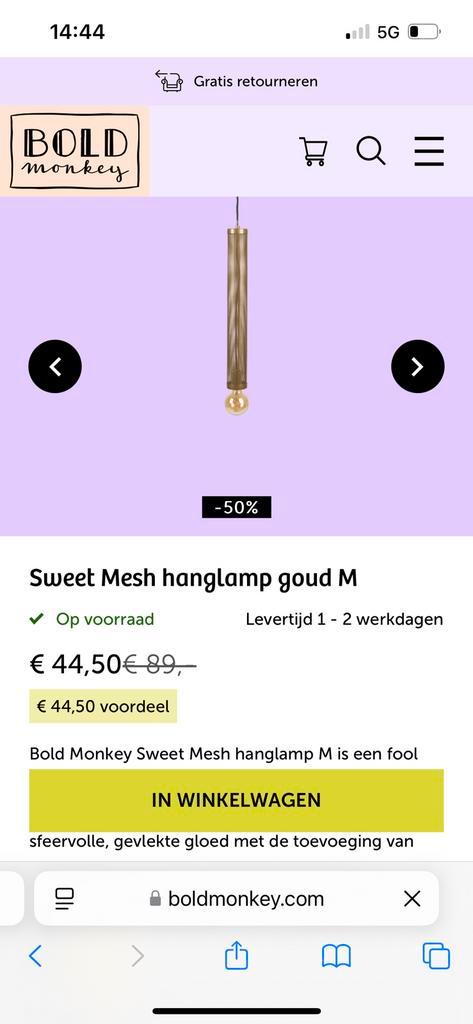 Bold monkey hanglamp mesh gold M, Huis en Inrichting, Lampen | Hanglampen, Nieuw, Minder dan 50 cm, Ophalen of Verzenden