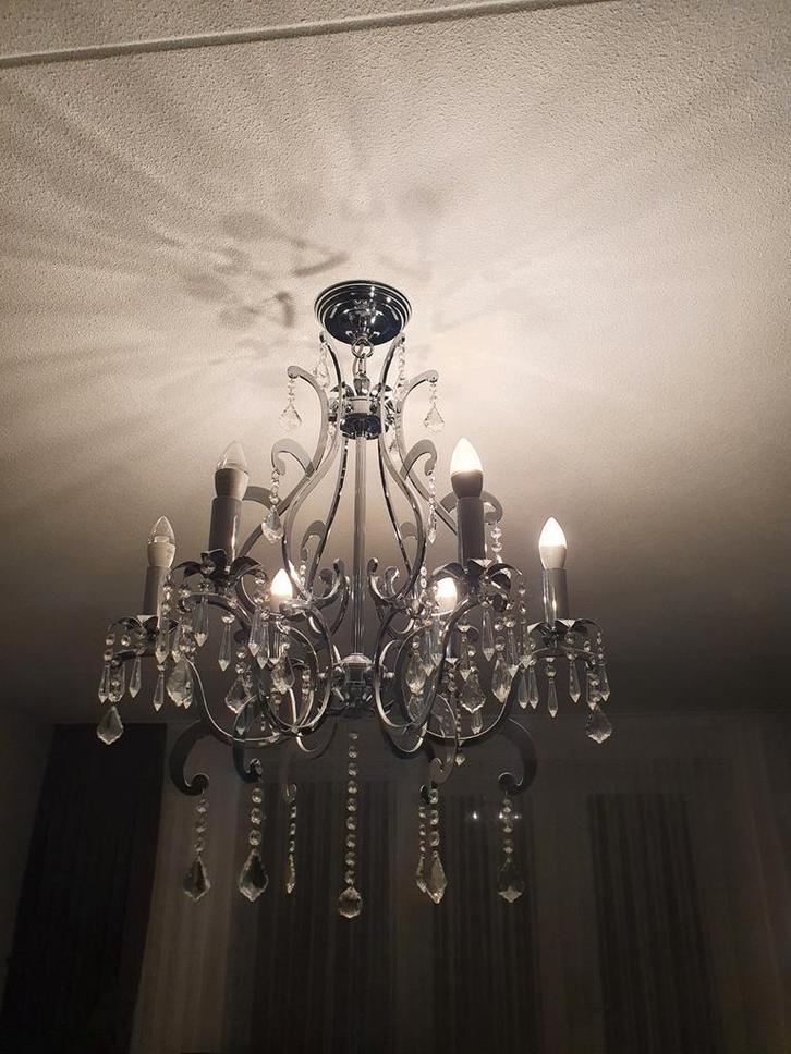 Kristallen Kroonluchter - 6 Armen, Huis en Inrichting, Lampen | Kroonluchters, Gebruikt, Glas, Metaal, Ophalen
