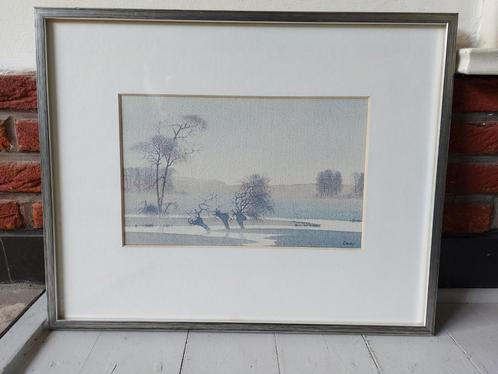 Ingelijste aquarel Denkor mistig landschap, Antiek en Kunst, Kunst | Schilderijen | Klassiek, Ophalen of Verzenden