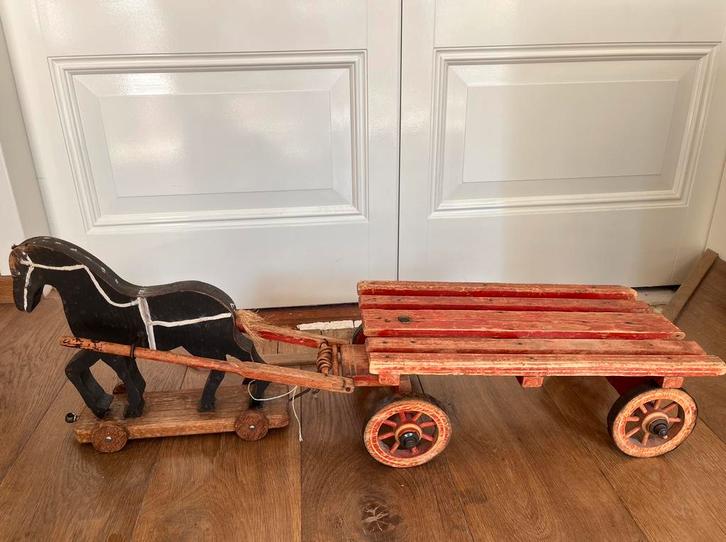 Antiek houten speelgoed trekpaard met platte kar, Antiek en Kunst, Antiek | Speelgoed, Ophalen of Verzenden