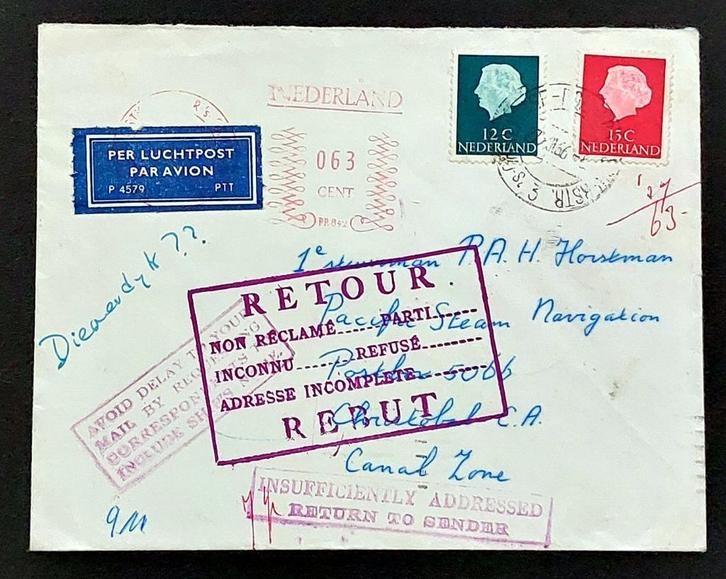 Nederland 1963/1966 retourbrief Canal Zone & Cristobal, Postzegels en Munten, Postzegels | Eerstedagenveloppen, Beschreven, Nederland