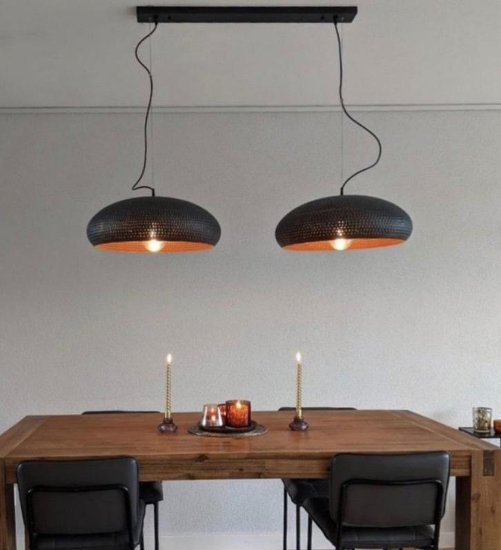Industriële hanglamp met twee kappen, Huis en Inrichting, Lampen | Hanglampen, Zo goed als nieuw, 75 cm of meer, Metaal, Ophalen