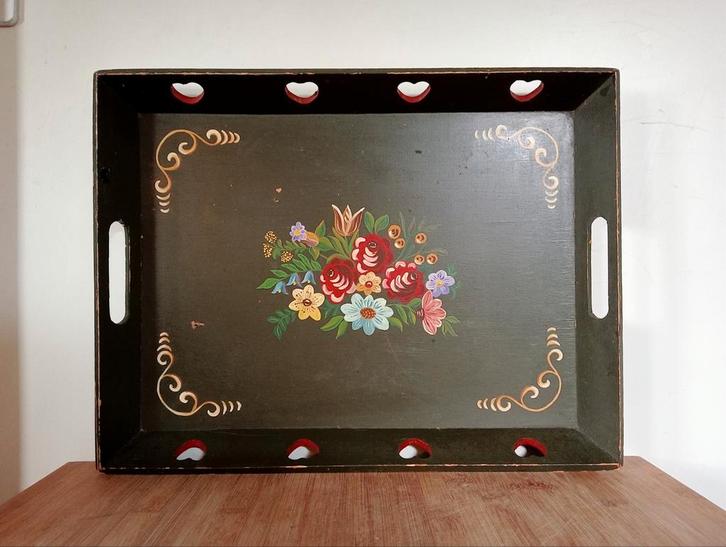 Vintage Dienblad met Bloemen Motief, Huis en Inrichting, Woonaccessoires | Dienbladen, Gebruikt, Hout, Vierkant, Ophalen of Verzenden