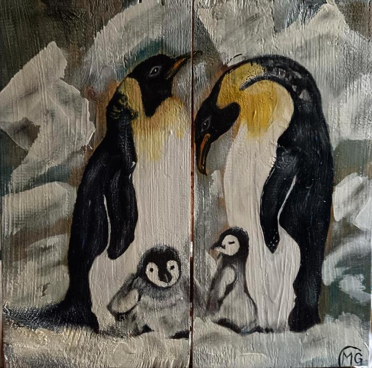 Geschilderd op hout Pingwings, Antiek en Kunst, Kunst | Schilderijen | Modern, Ophalen