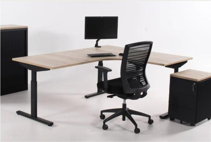 Hoekbureau ronde zit 200x160 cm, natuur eiken-zwart PL, Huis en Inrichting, Bureaus, Zo goed als nieuw, Bureau, In hoogte verstelbaar