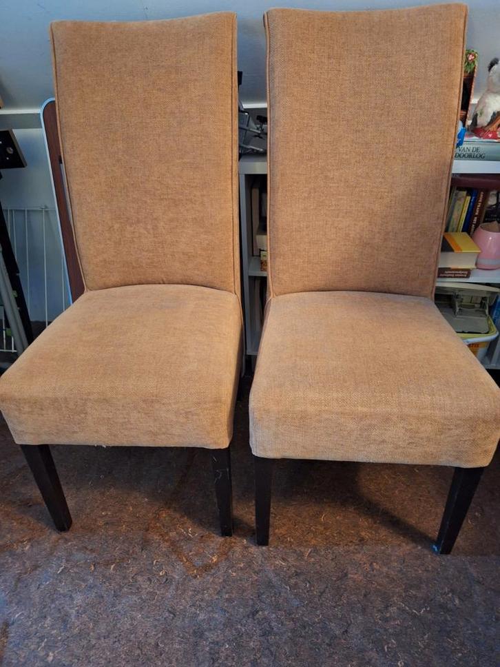 Set van 2 stoffen eetkamerstoelen, Huis en Inrichting, Stoelen, Gebruikt, Twee, Hout, Stof, Bruin, Ophalen