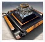 Antieke glazen inktpot op houten houder, Antiek en Kunst, Curiosa en Brocante, Ophalen of Verzenden