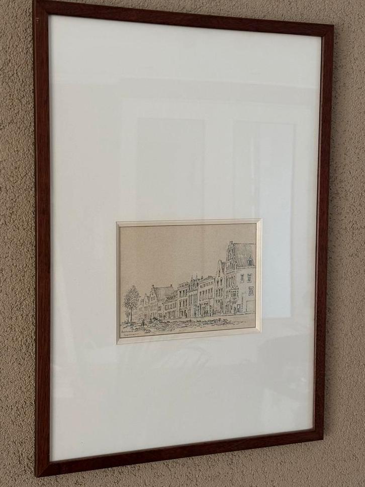 Tekening/Ets van Poppe Damave - Turfmarkt Haarlem, Antiek en Kunst, Kunst | Tekeningen en Foto's, Ophalen