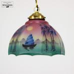 Prachtige Art Deco Antieke Hanglamp Vintage Paars Turqoise, Gebruikt, Ophalen of Verzenden, Glas