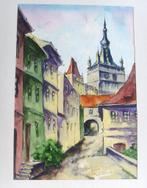 ‘Oude stad’ origineel schilderij, gesigneerd., Antiek en Kunst, Ophalen of Verzenden