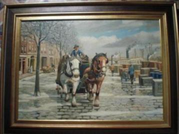 W. HEINECKE !! * OLIEVERF OP LINNEN * Haven Met Paarden * beschikbaar voor biedingen