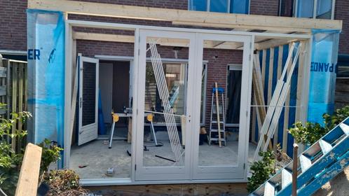 Hardhout kozijn met dubbele tuindeuren en zijramen, Doe-het-zelf en Verbouw, Deuren en Horren, Zo goed als nieuw, Buitendeur, 215 cm of meer