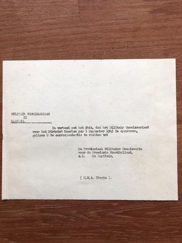 1945 Haarlem. Mededeling dat het Militair Commissariaat  beschikbaar voor biedingen
