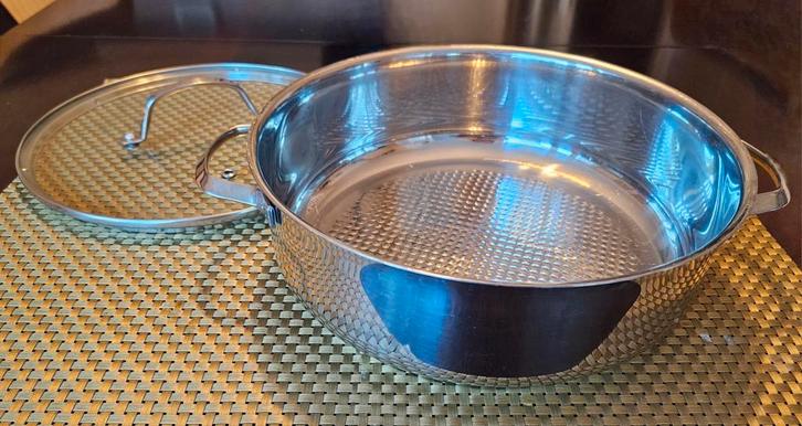 RVS Braadpan Ø28cm met Structuurbodem & Glazen Deksel, Huis en Inrichting, Keuken | Potten en Pannen, Koekenpan of Braadpan, Rvs