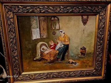 Oude vintage barok  schilderij: Moeder en kind afmt ziefotos beschikbaar voor biedingen