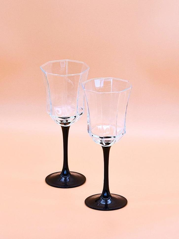 Vintage Wijnglazen Octime France – Zwarte Voet – H 20 cm, Verzamelen, Glas en Borrelglaasjes, Zo goed als nieuw, Overige typen