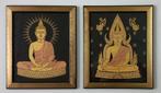 Wandpanelen: Boeddha op Thaise zijde; Zwart/Goud; Ingelijst, Ophalen of Verzenden