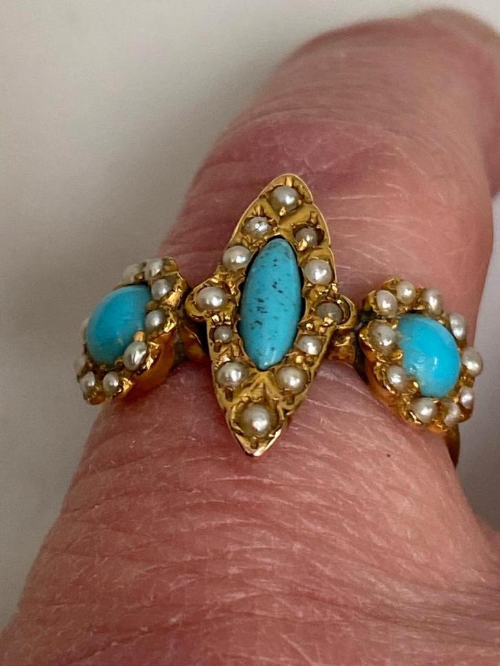 Antiek geel gouden ring turquaas parels 585, Sieraden, Tassen en Uiterlijk, Antieke sieraden, Ring, Goud, Verzenden