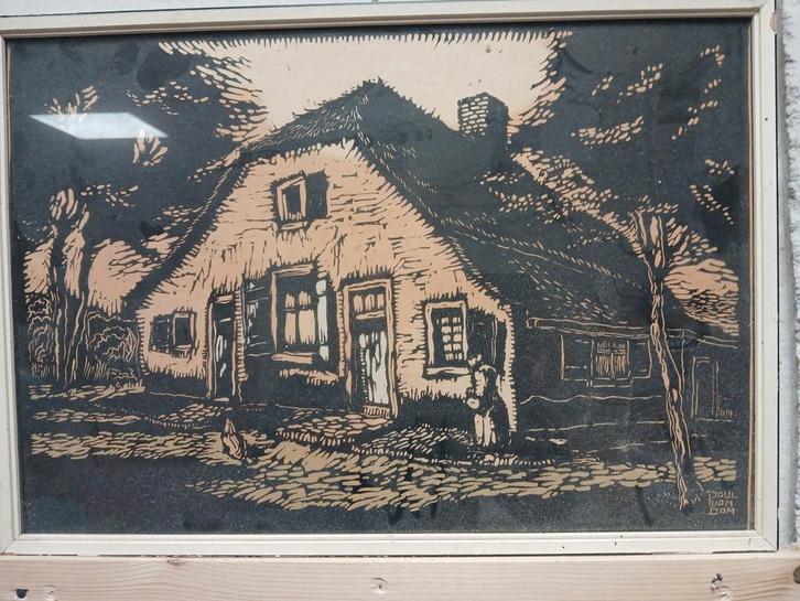 Houten snijwerk van een huis, Antiek en Kunst, Kunst | Etsen en Gravures, Ophalen of Verzenden