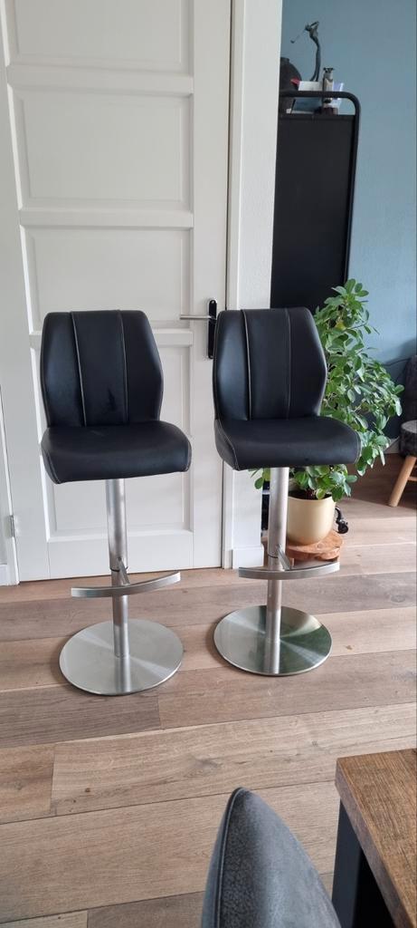 2 Barkrukken - Zwart Leer & Metaal, Huis en Inrichting, Barkrukken, Ophalen