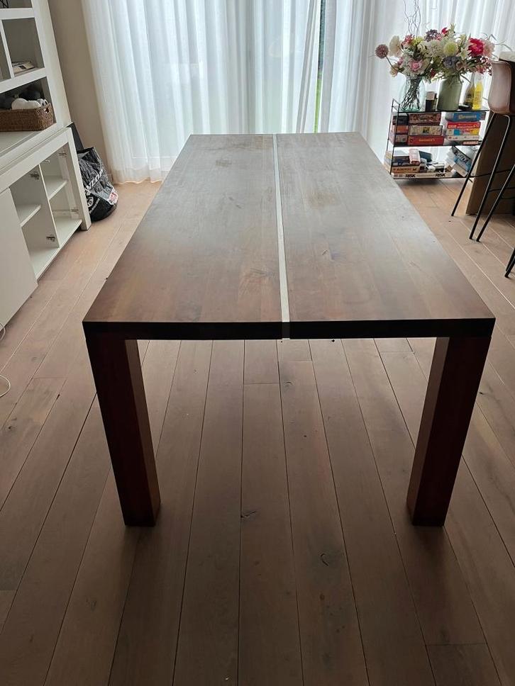 massieve kersenhouten eettafel met rvs strip 220x100, Huis en Inrichting, Tafels | Eettafels, Gebruikt, 100 tot 150 cm, 200 cm of meer