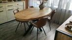 Ovale tafel mango hout en 4 stoelen als nieuw cognac kleur, Ophalen, 50 tot 100 cm, Zo goed als nieuw, Vijf personen of meer