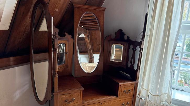 Antieke houten kaptafel met spiegel, Huis en Inrichting, Tafels | Kaptafels, Gebruikt, 150 tot 200 cm, 100 tot 150 cm, Hout, Ophalen