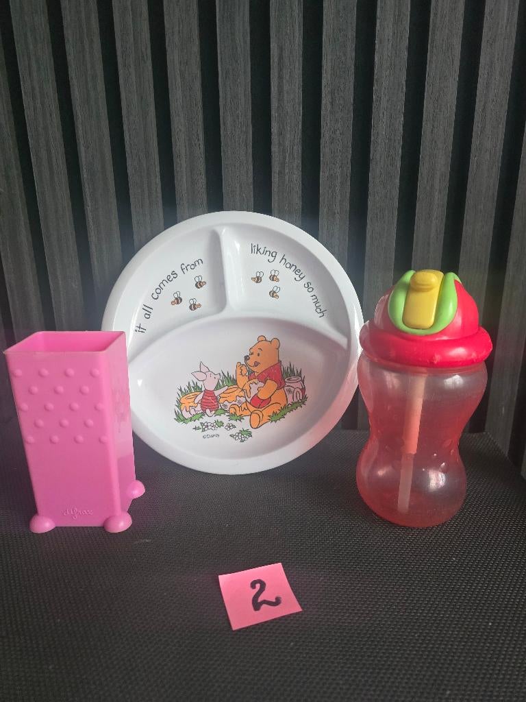 Setje bordje,difrax pakjeshouder,fles Winnie se Poch, Ophalen of Verzenden
