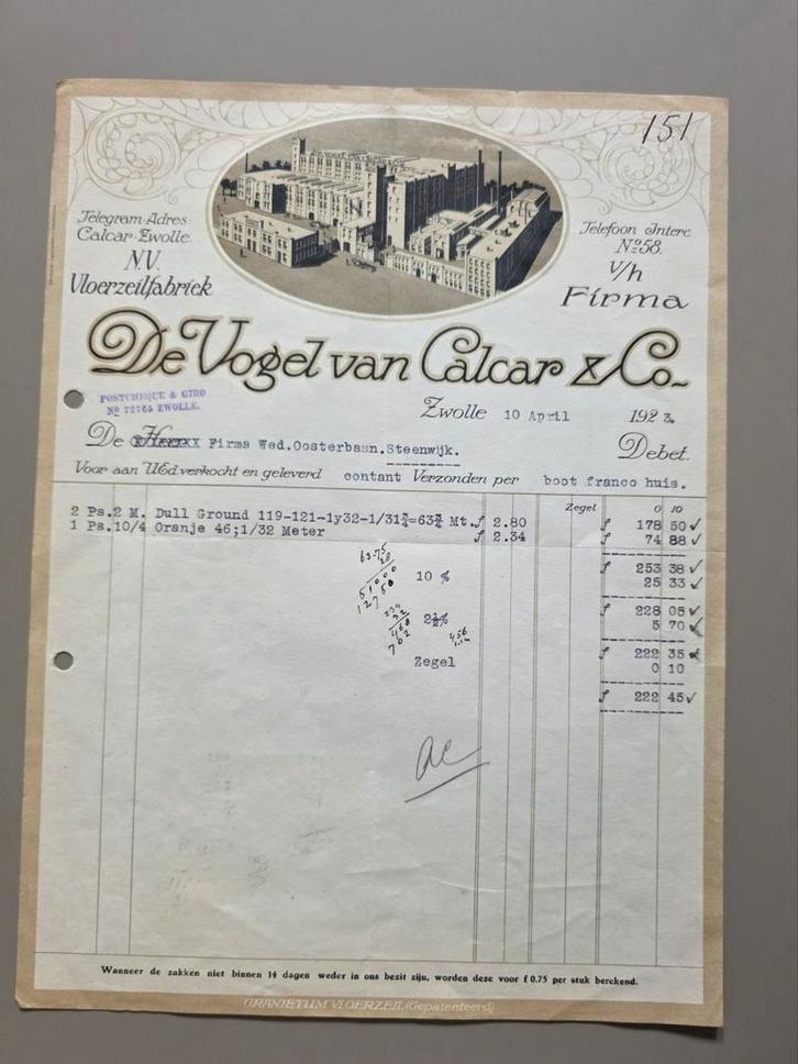 330) FACTUUR NV VLOERZEILFAB.DE VOGEL v CALCAR ZWOLLE 1923, Verzamelen, Merken en Reclamevoorwerpen, Gebruikt, Overige typen, Ophalen of Verzenden