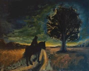 Acryl schilderij gemaakt op canvas. 40x50cm. Paard en ruiter beschikbaar voor biedingen