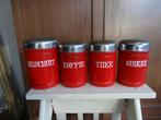 4x Voorraadbussen beschuit koffie thee suiker rood emaille, Ophalen