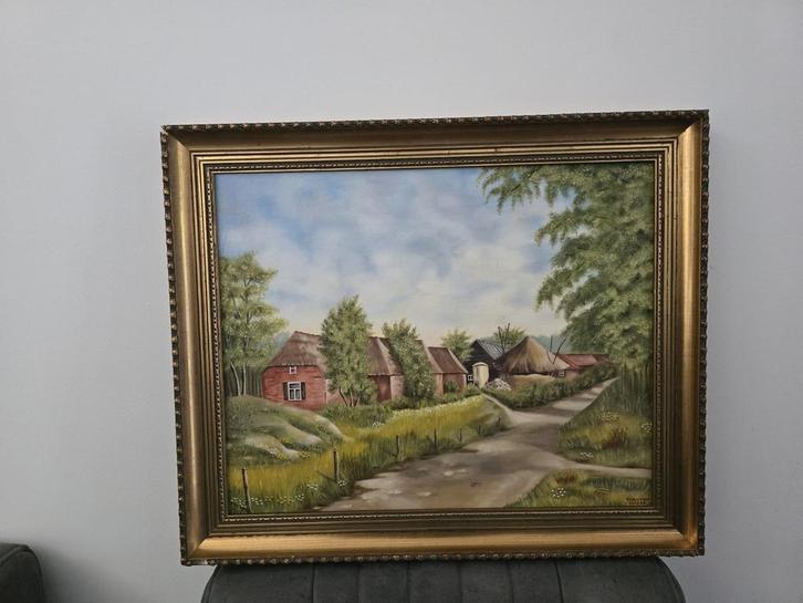 Schilderij landelijke boerderij in gouden brocante lijst., Antiek en Kunst, Kunst | Schilderijen | Klassiek, Ophalen of Verzenden