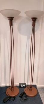 2 bruine vloerlampen met gevlamde glazen schalen. Dimbaar., Ophalen, Zo goed als nieuw, Glas, 150 tot 200 cm