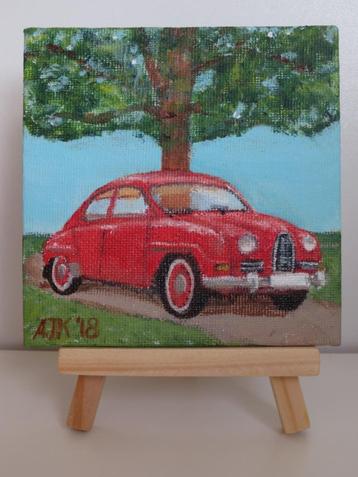 Leuk klein schilderij: SAAB 96, acrylverf, Afm: 10x10 cm beschikbaar voor biedingen
