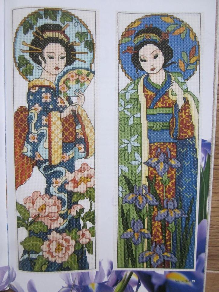 Borduur telpatronen Pioenroos en Iris Geisha, Hobby en Vrije tijd, Borduren en Borduurmachines, Nieuw, Patroon, Handborduren, Ophalen of Verzenden